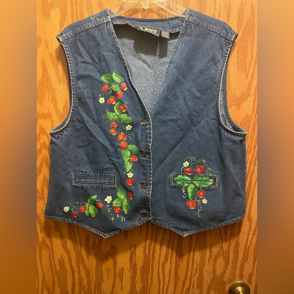 Vintage | Hand Painted Strawberry Jean Vest